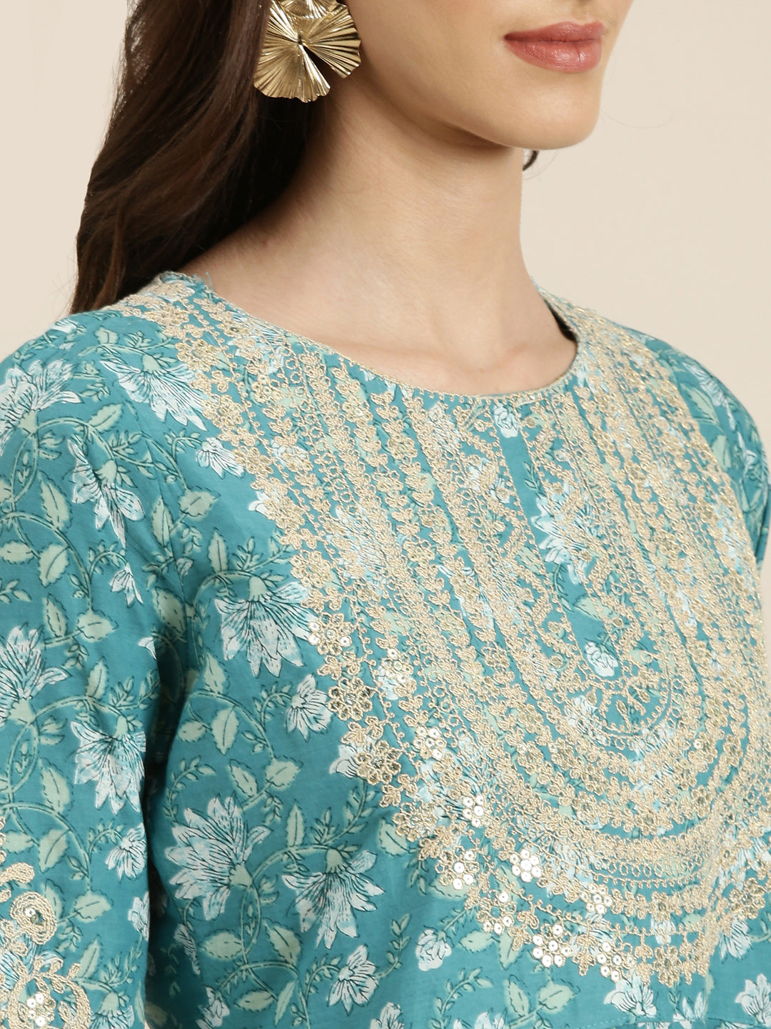 Women's Turquoise Blue Floral Printed Kurta Set with Dupatta