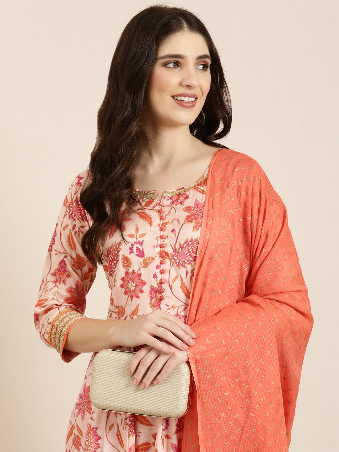 Women Peach Floral Anarkali Kurta