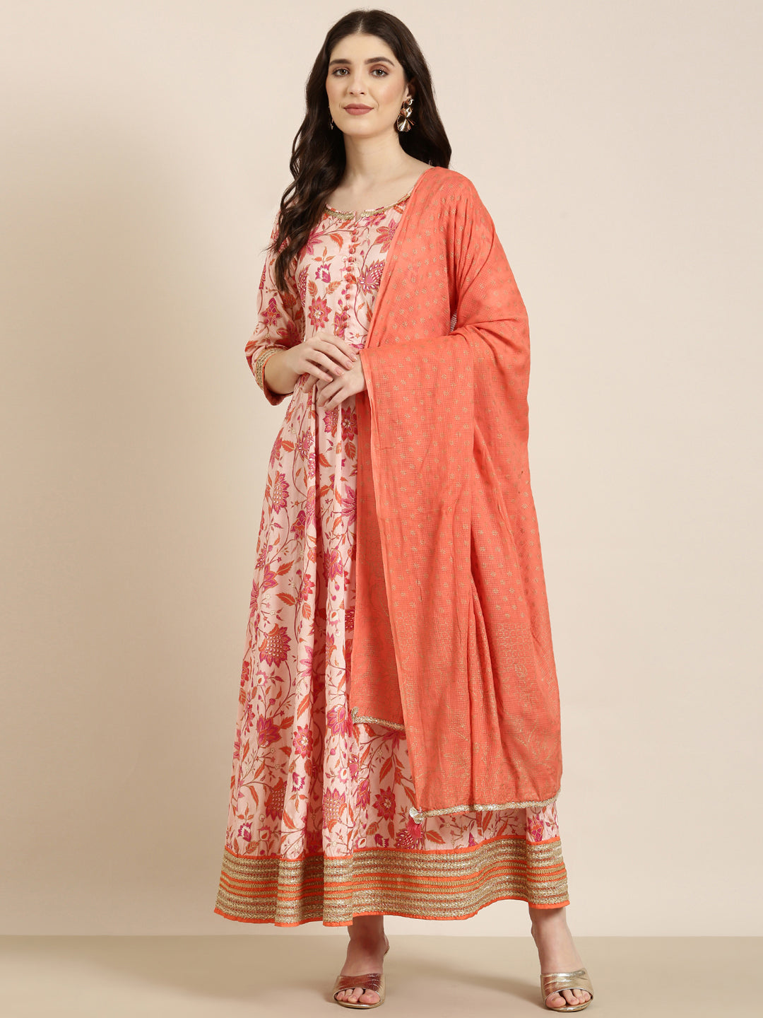 Women Peach Floral Anarkali Kurta