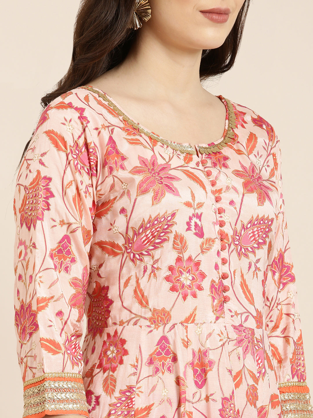 Women Peach Floral Anarkali Kurta