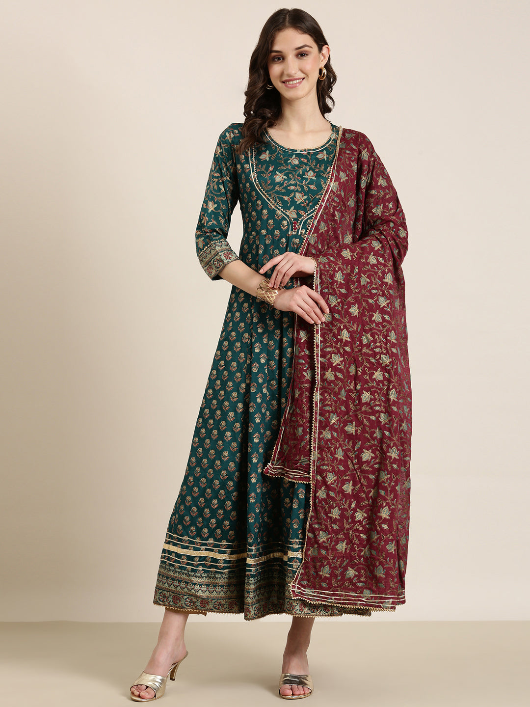 Women Green Floral Anarkali Kurta