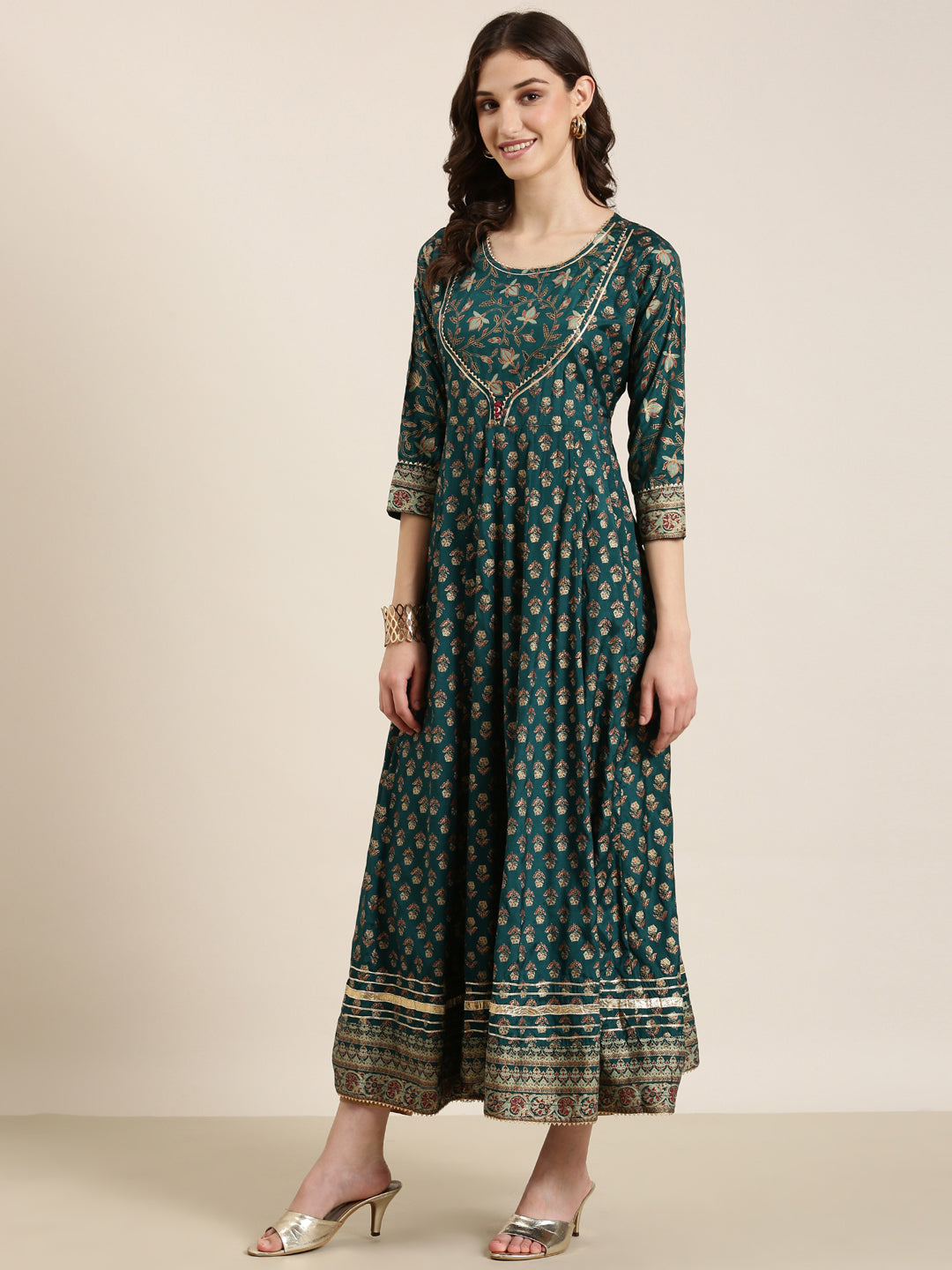 Women Green Floral Anarkali Kurta