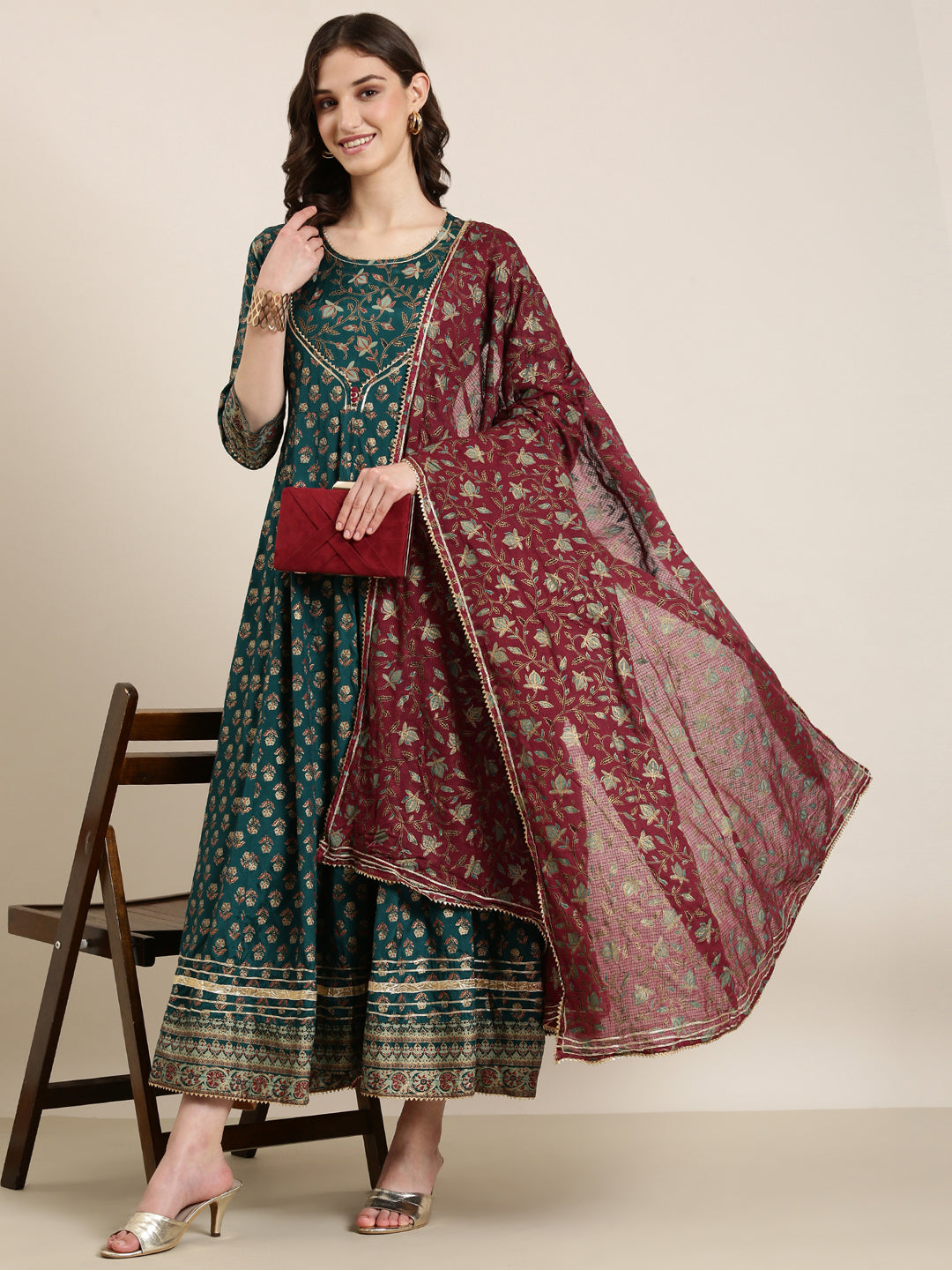 Women Green Floral Anarkali Kurta