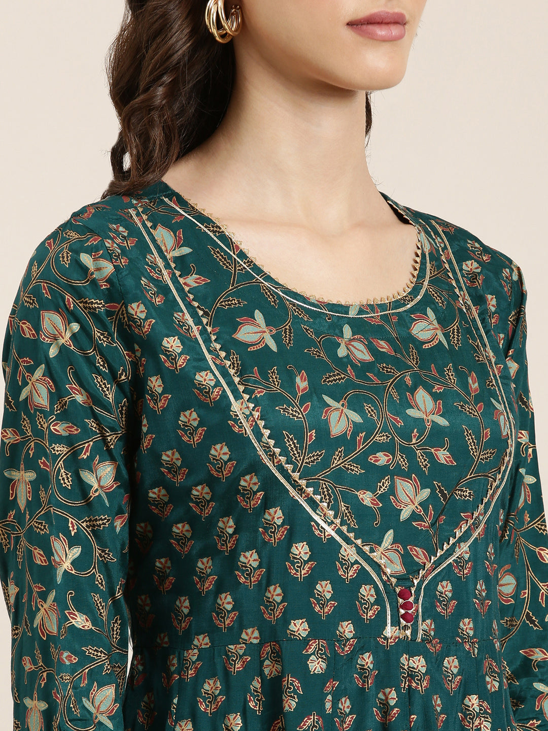 Women Green Floral Anarkali Kurta