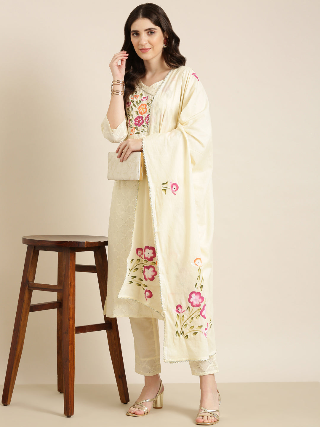 Women Cream Textured Kurta Set