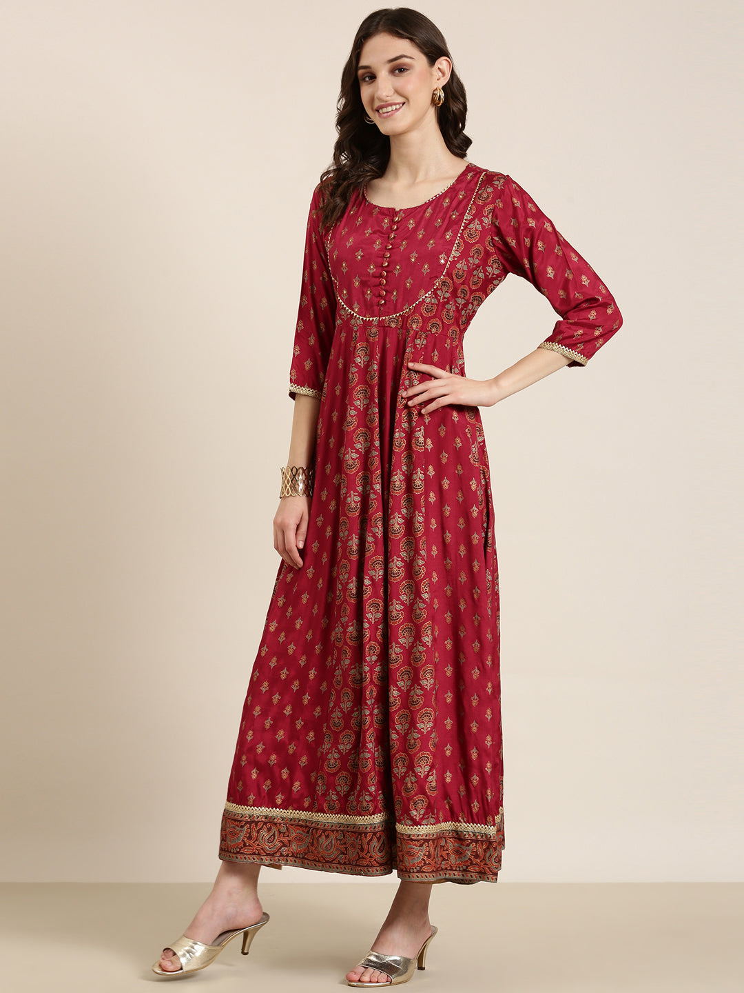 Women Maroon Floral Anarkali Kurta