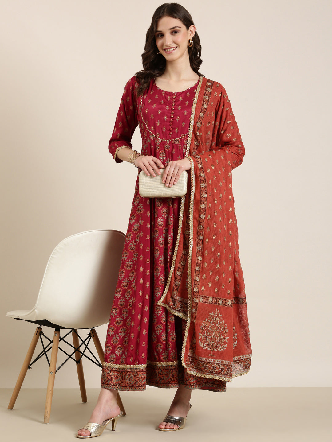 Women Maroon Floral Anarkali Kurta