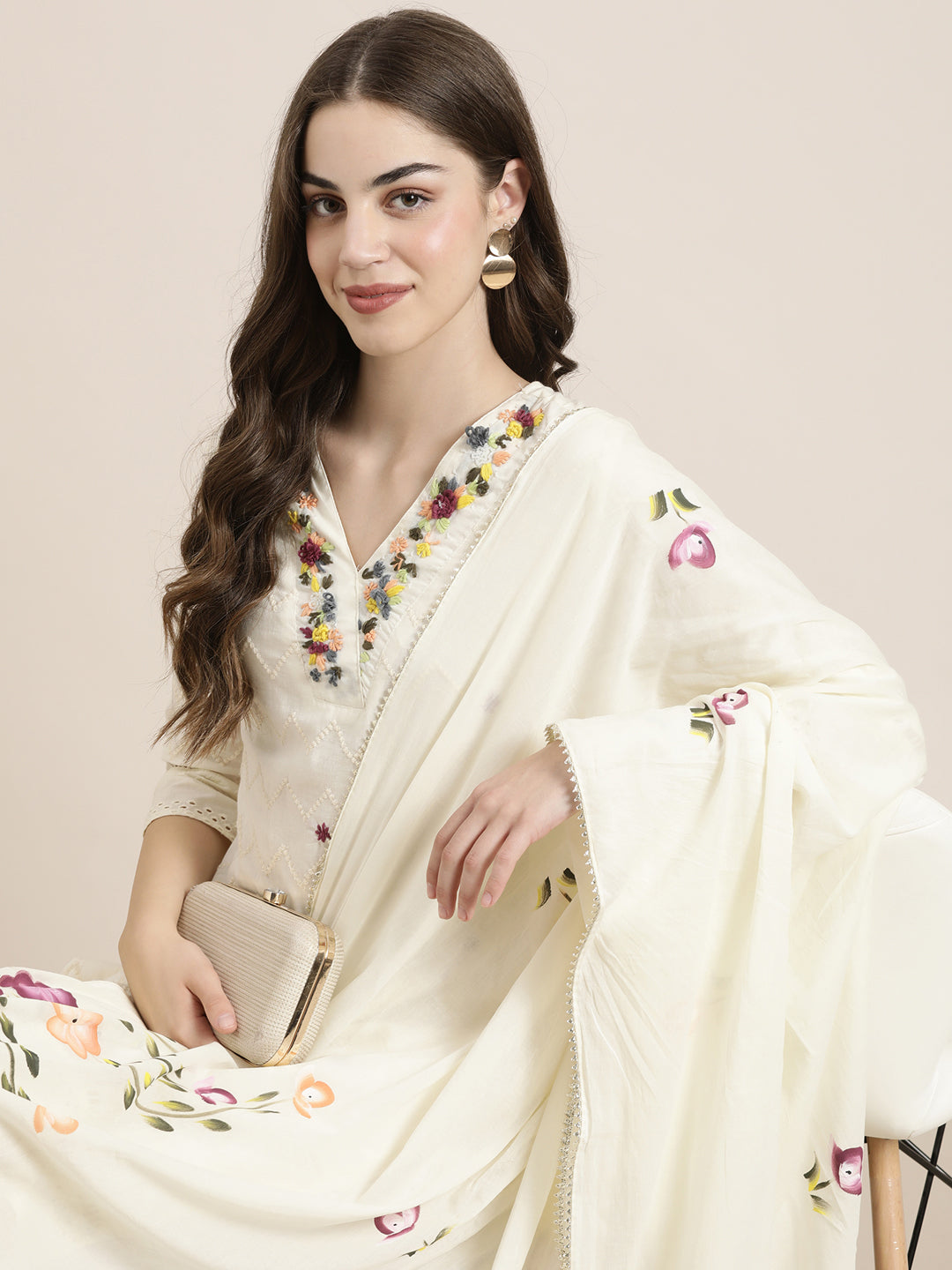 Women Cream Solid Kurta Set