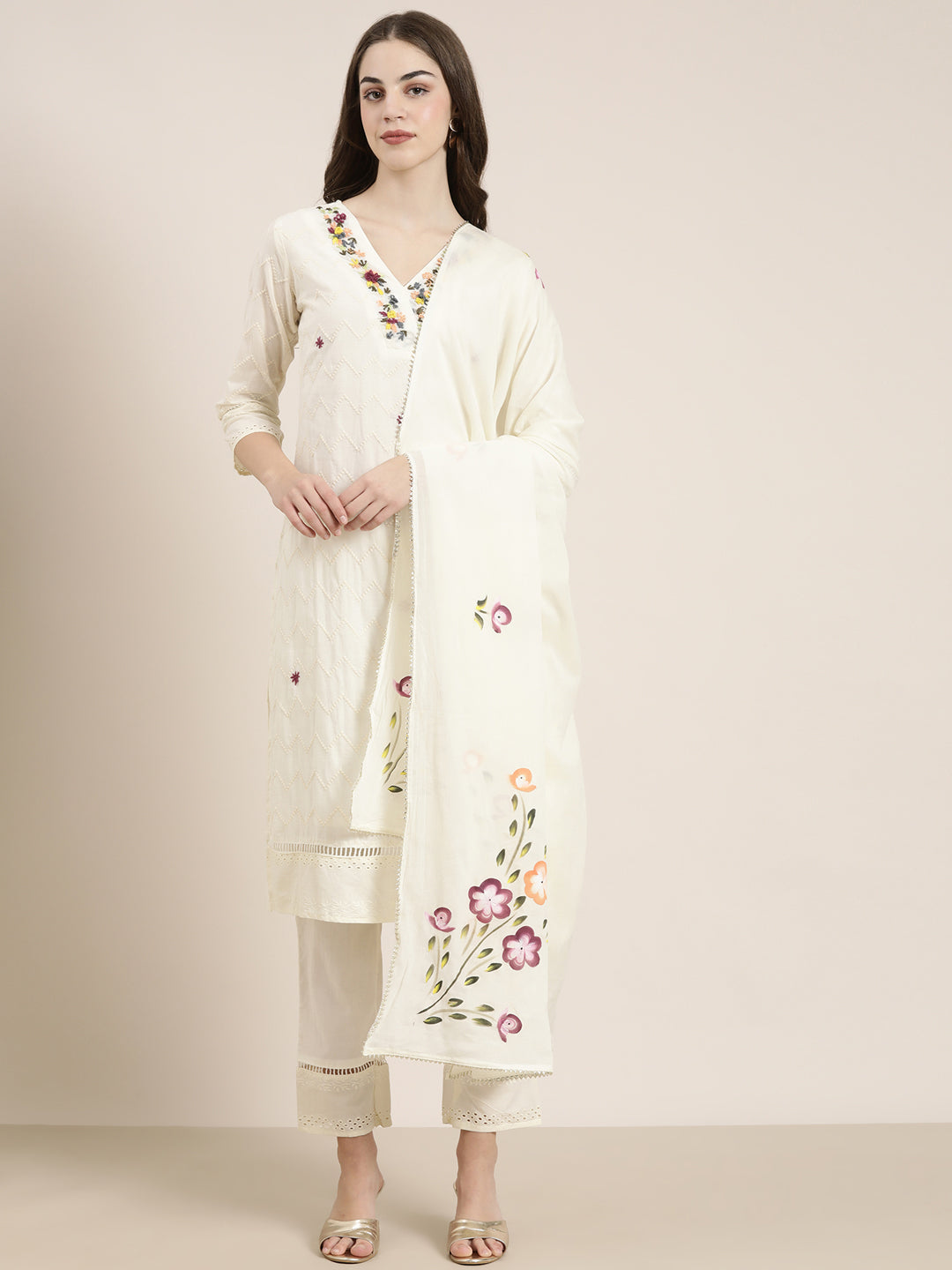 Women Cream Solid Kurta Set