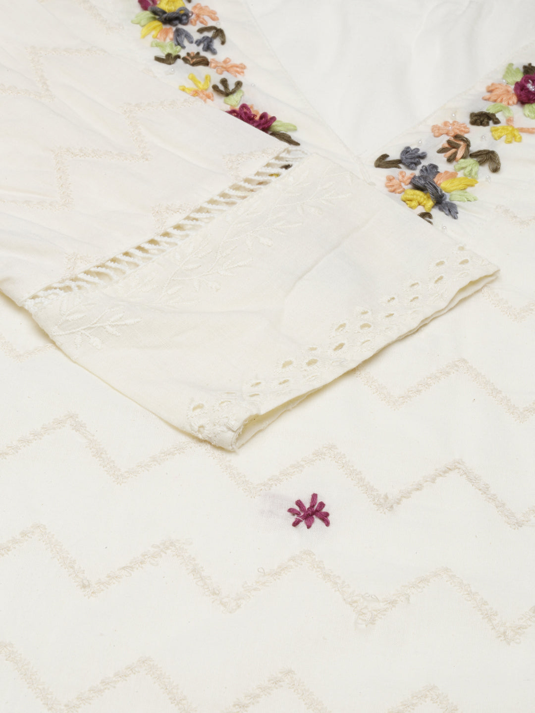 Women's Cream Floral Embroidered Kurta Set With Dupatta