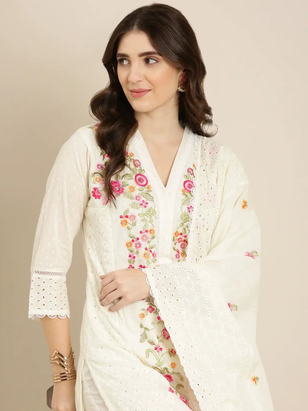 Women's Cream Floral Kurta Set