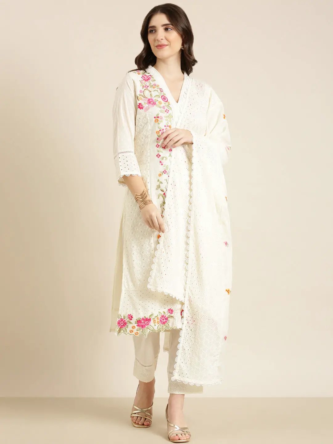 Women's Cream Floral Kurta Set