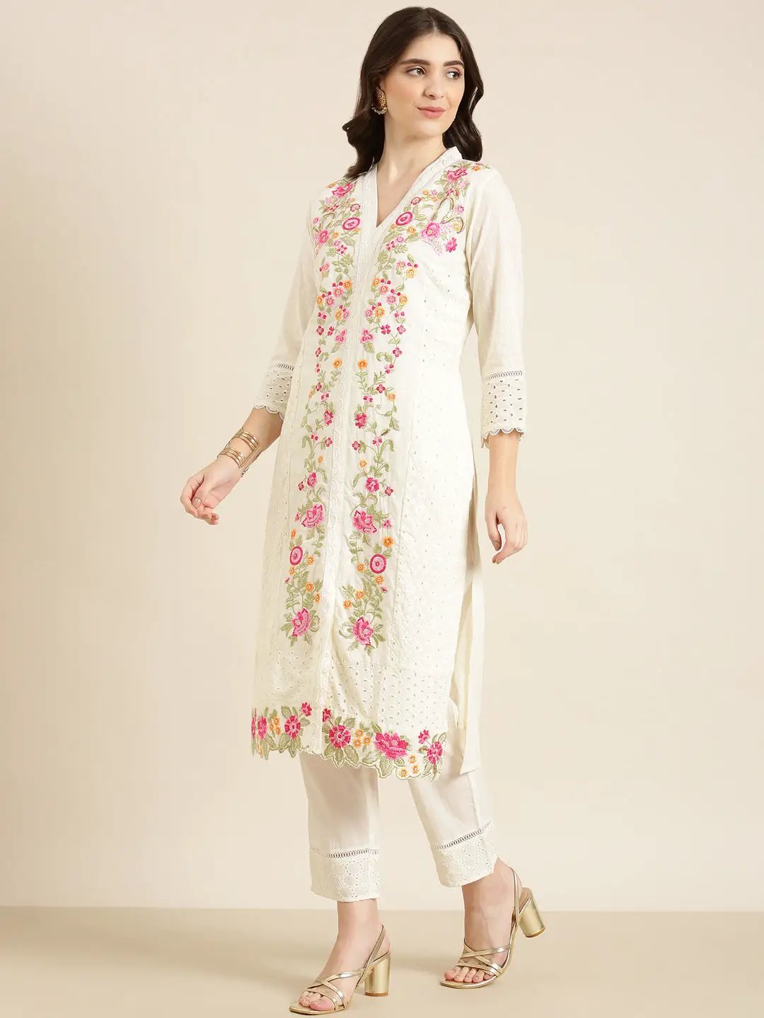 Women's Cream Floral Kurta Set