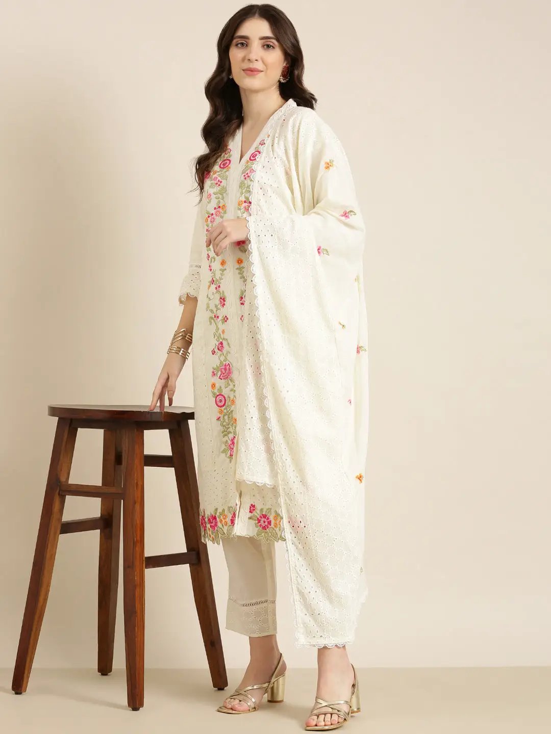 Women's Cream Floral Kurta Set