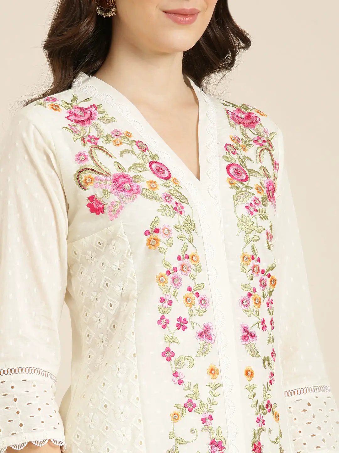 Women's Cream Floral Kurta Set