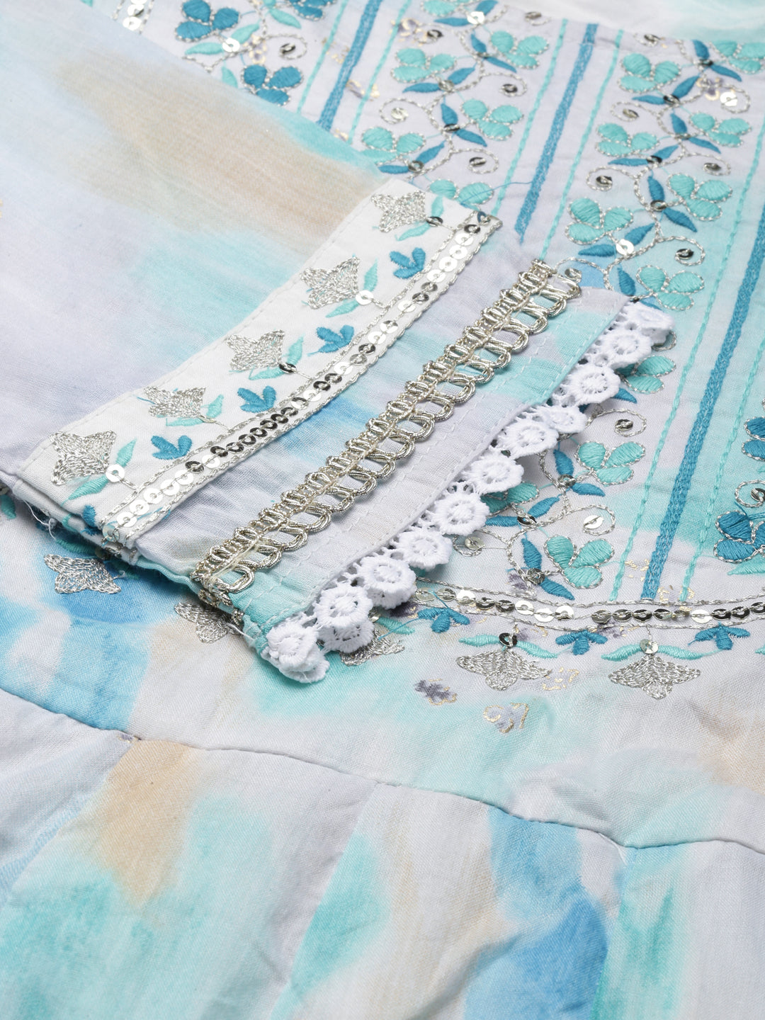 Women's Turquoise Blue Dyed Empire Thread Work Kurta Set With Dupatta