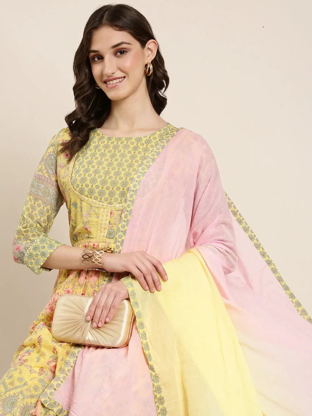Women's Yellow Floral Printed Anarkali Kurta With Dupatta
