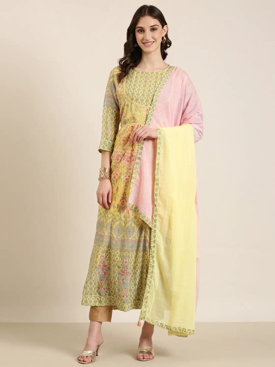 Women's Yellow Floral Printed Anarkali Kurta With Dupatta