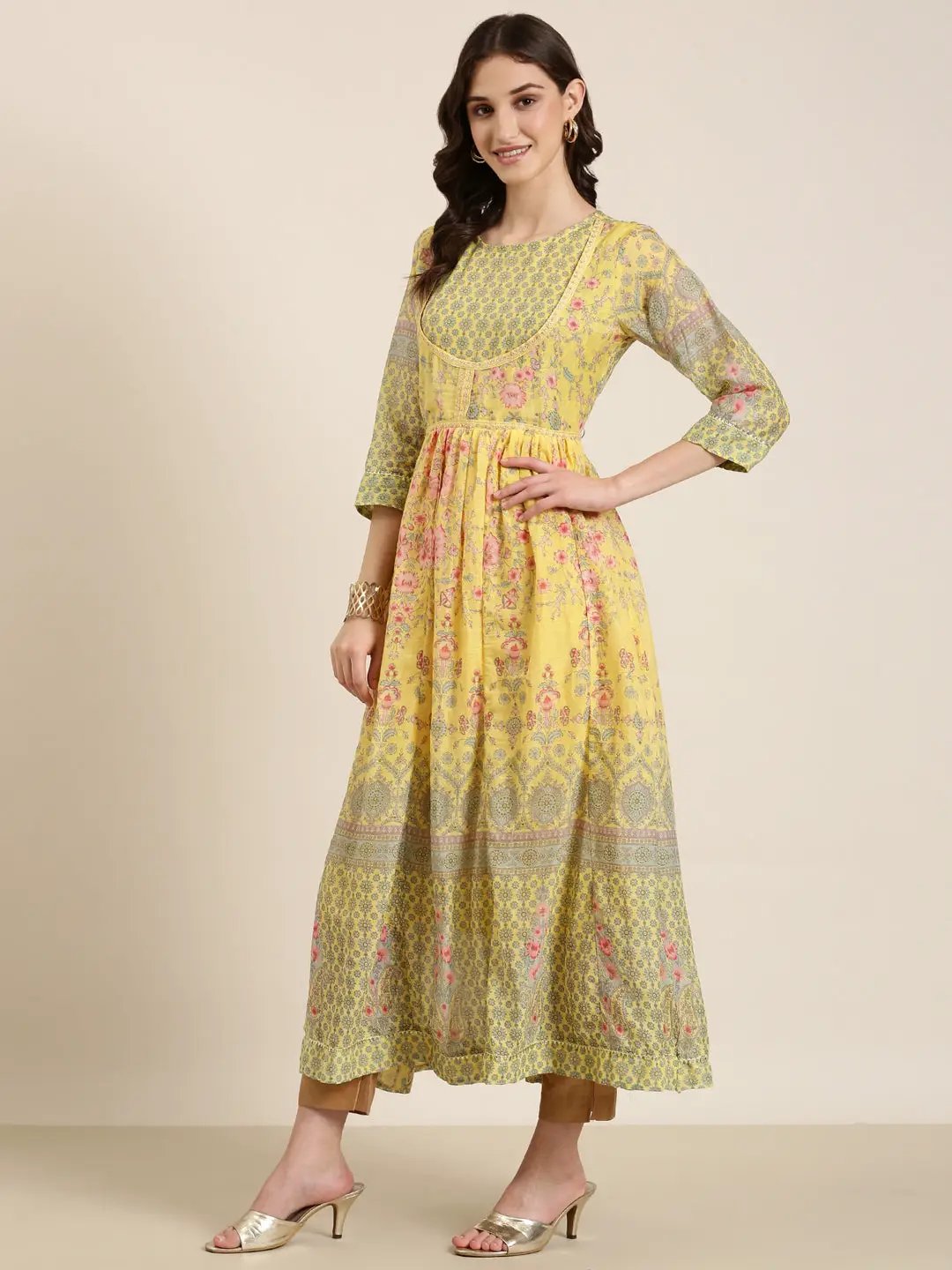 Women's Yellow Floral Printed Anarkali Kurta With Dupatta