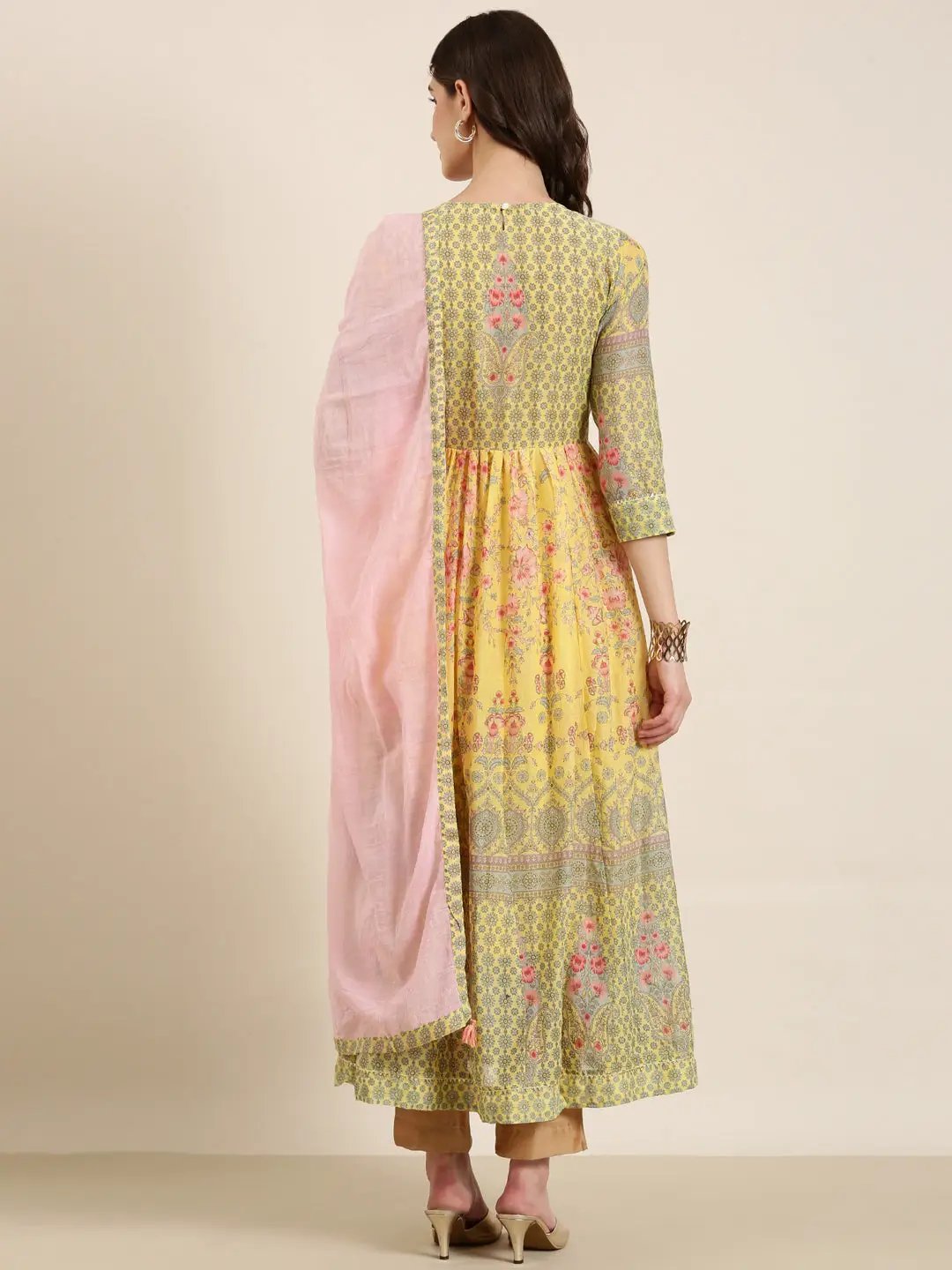 Women's Yellow Floral Printed Anarkali Kurta With Dupatta