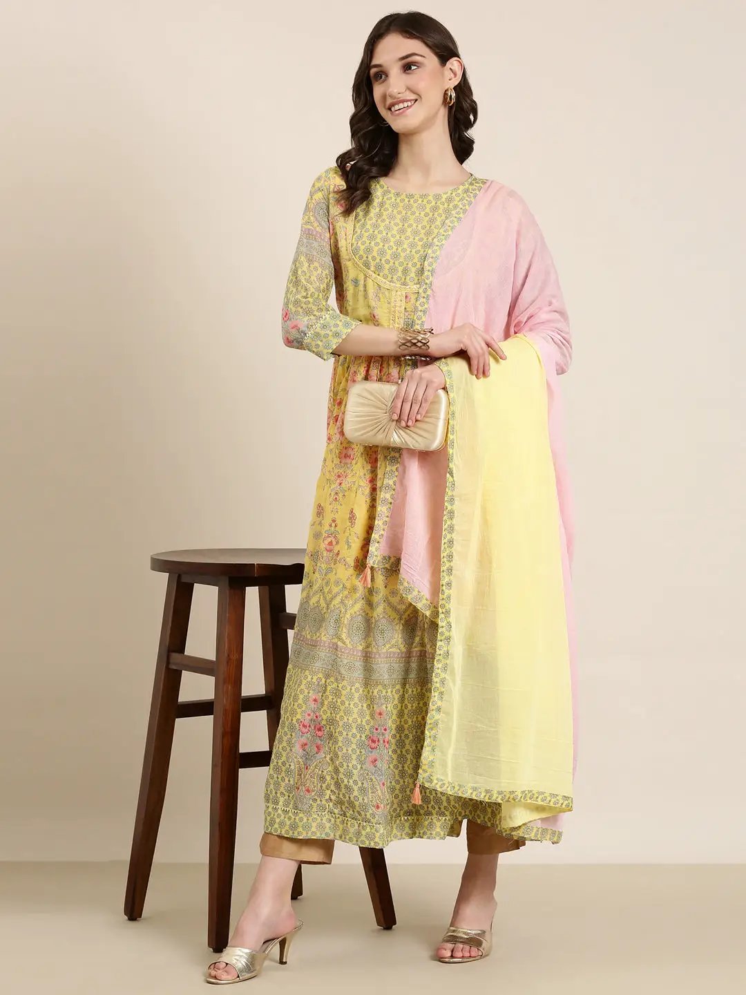 Women's Yellow Floral Printed Anarkali Kurta With Dupatta