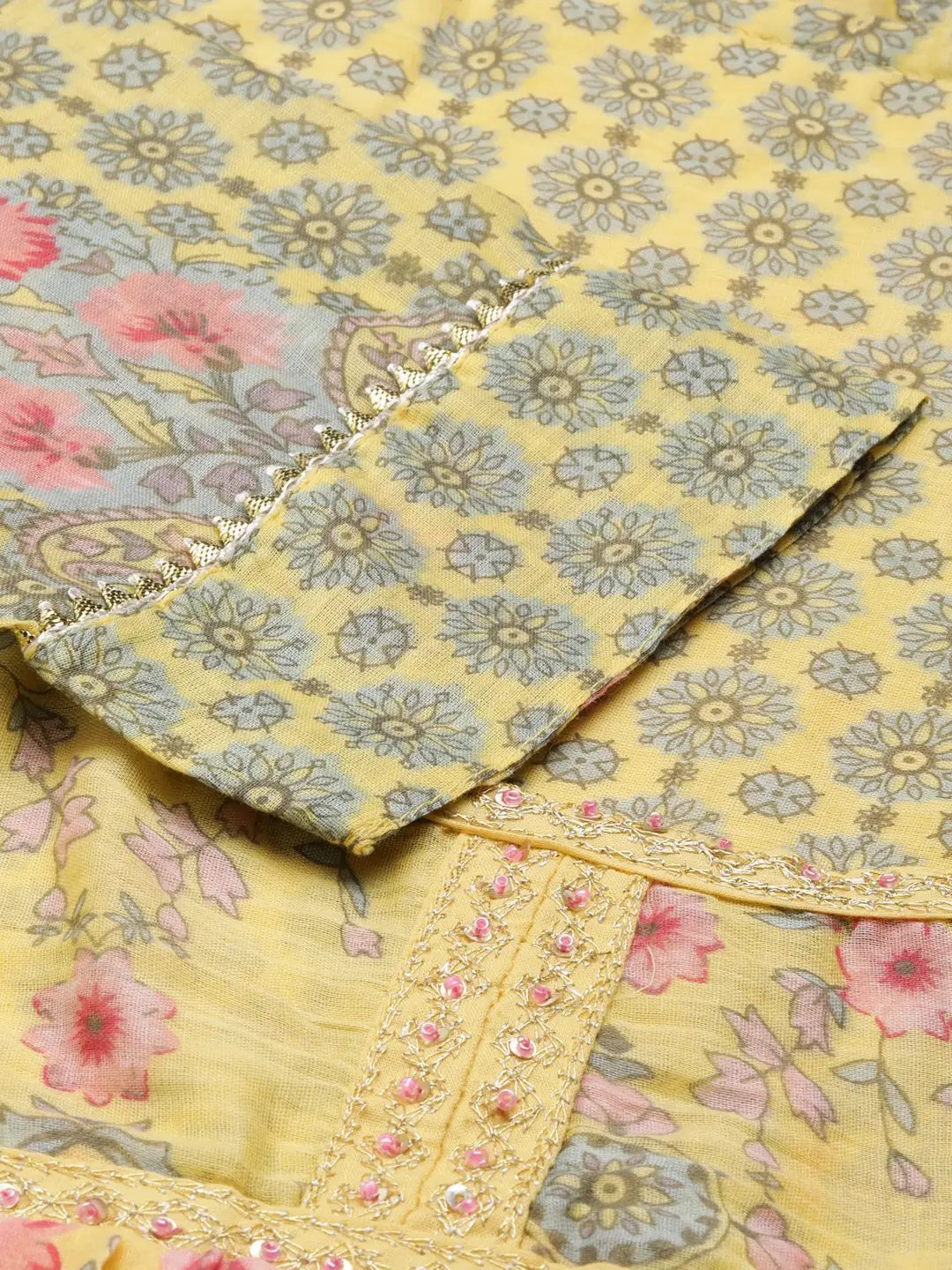 Women's Yellow Floral Printed Anarkali Kurta With Dupatta