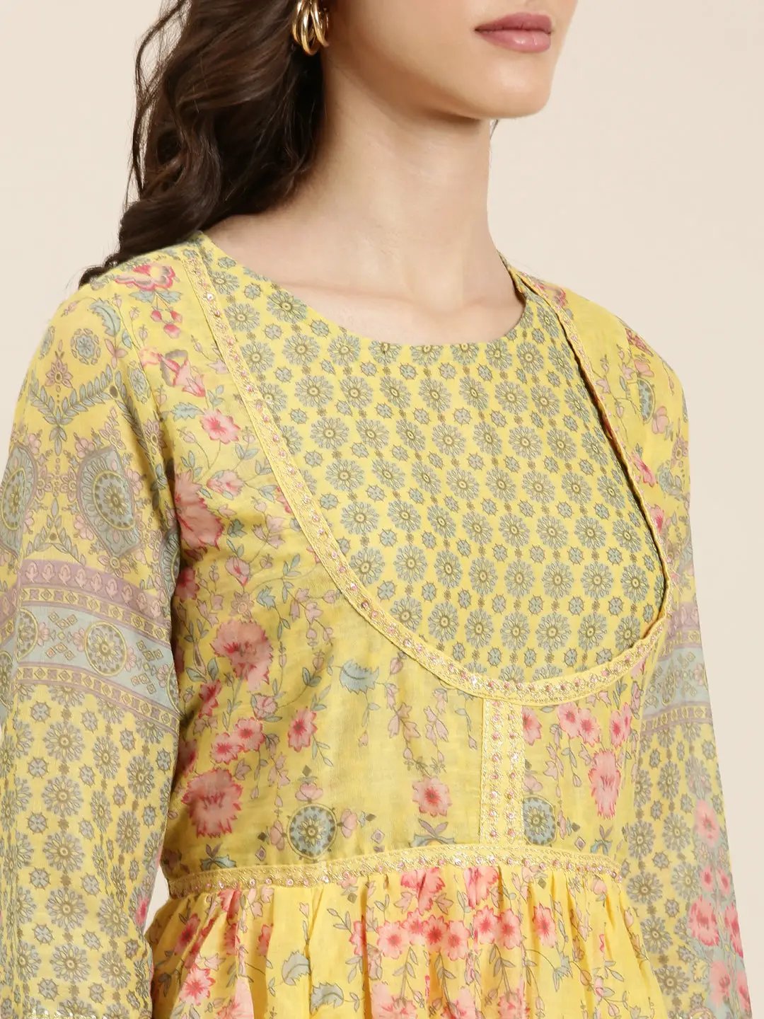 Women's Yellow Floral Printed Anarkali Kurta With Dupatta