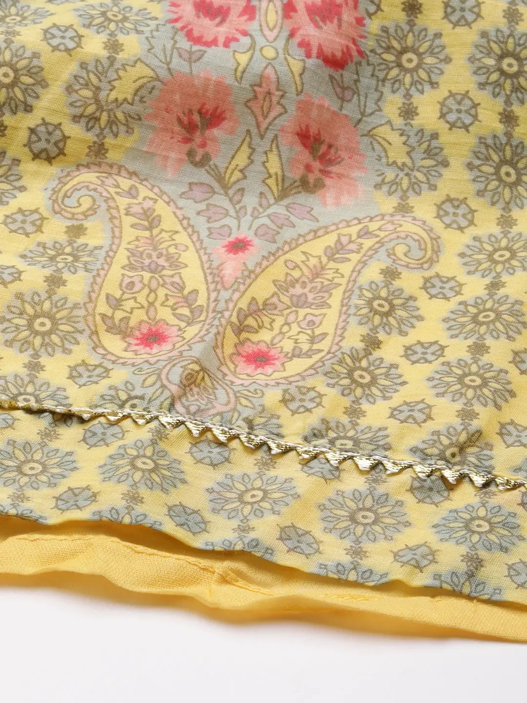 Women's Yellow Floral Printed Anarkali Kurta With Dupatta