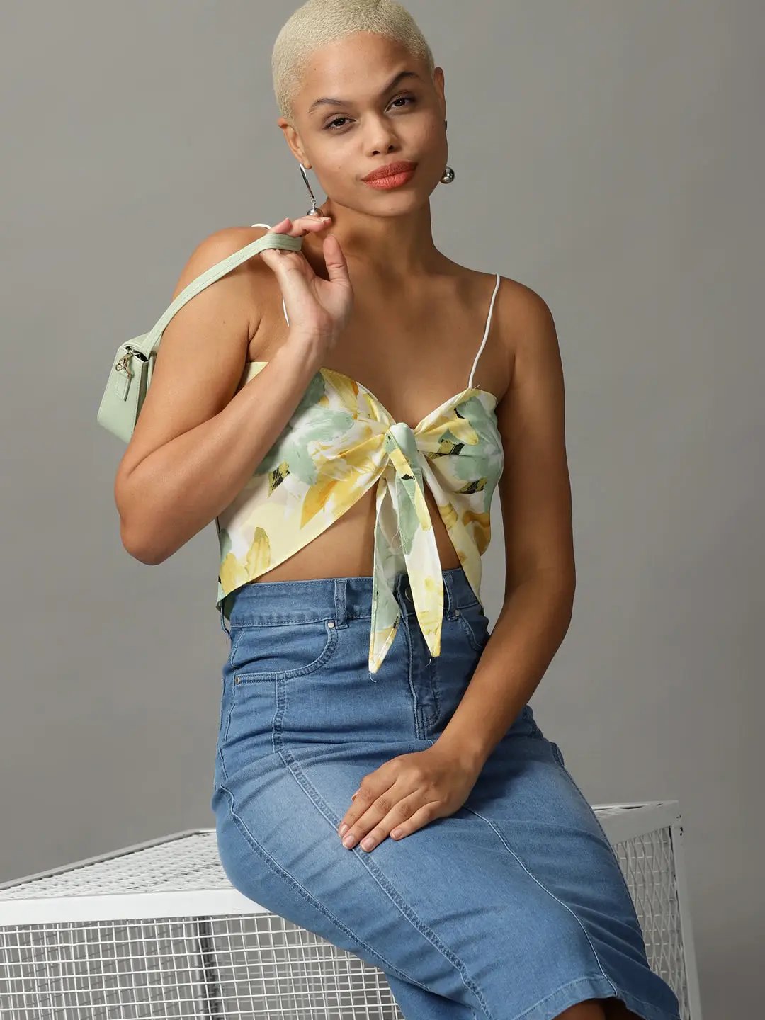 Women's Yellow Printed Styled Back Crop Top
