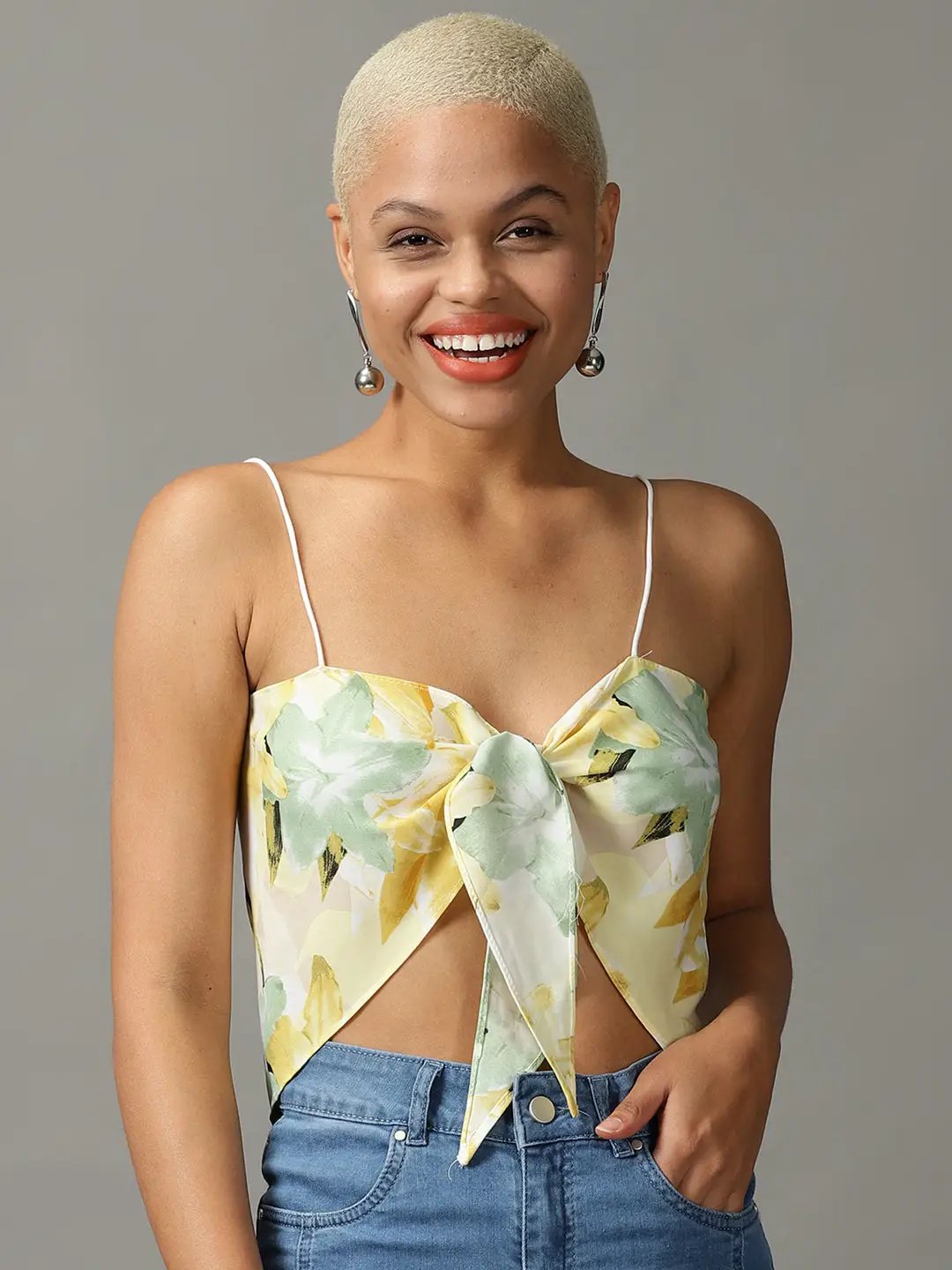Women's Yellow Printed Styled Back Crop Top