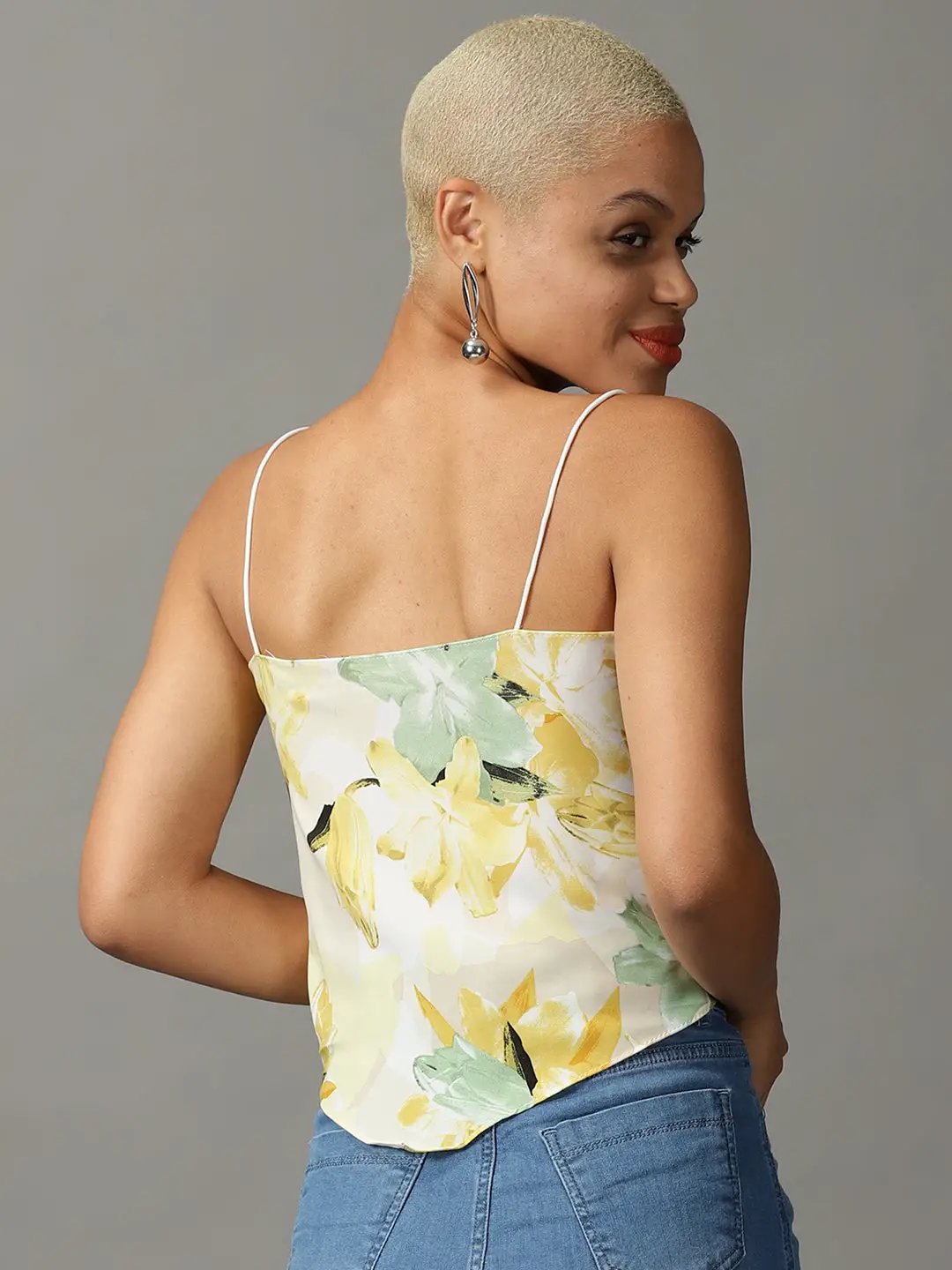 Women's Yellow Printed Styled Back Crop Top