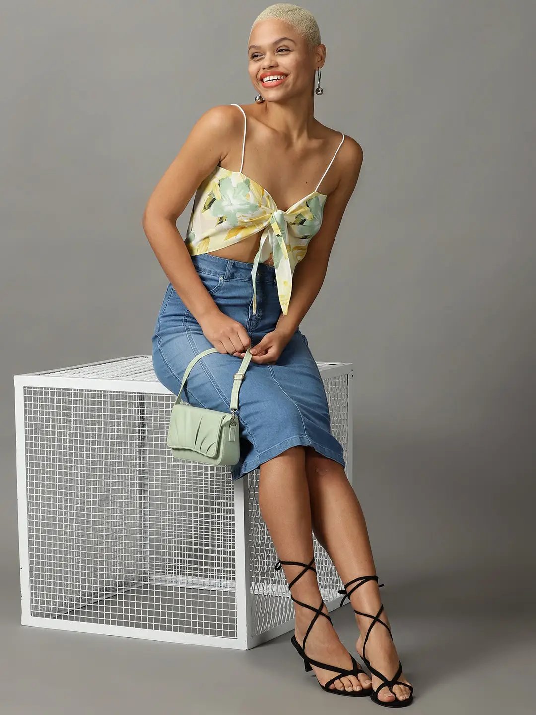 Women's Yellow Printed Styled Back Crop Top