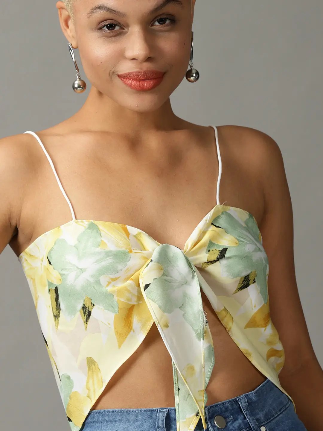 Women's Yellow Printed Styled Back Crop Top