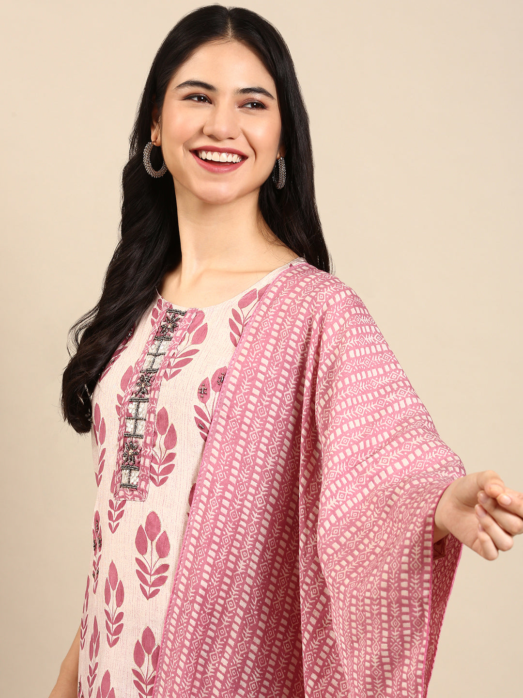 Women's Beige Printed Kurta Set