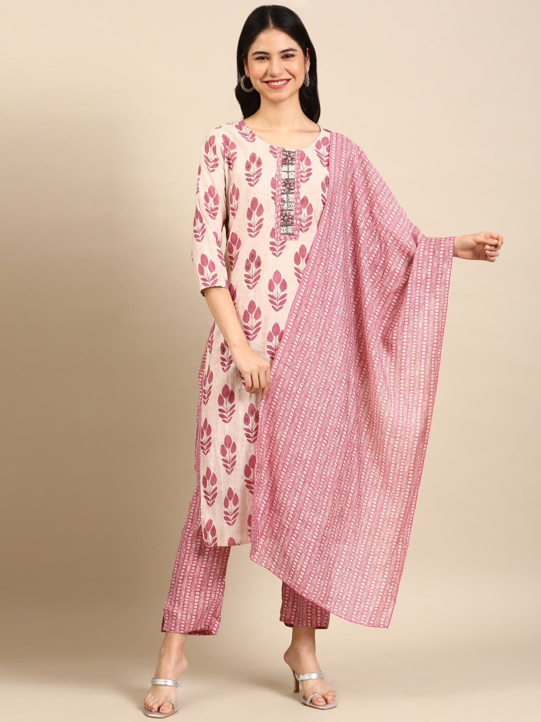 Women's Beige Printed Kurta Set