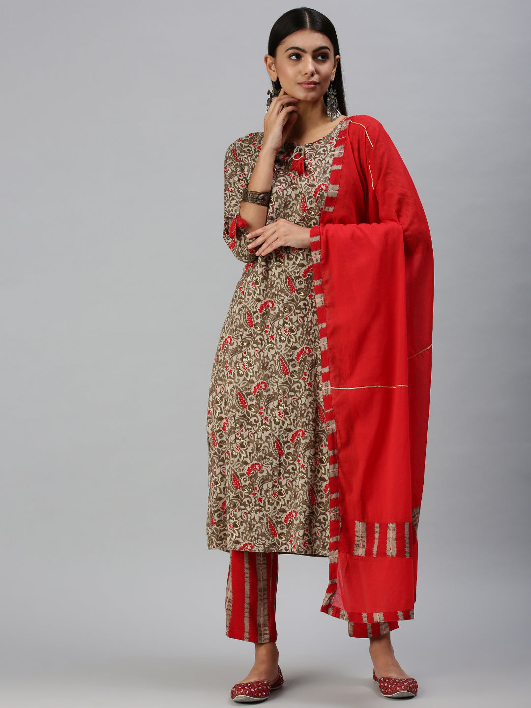 Women's Beige Printed Kurta Sets