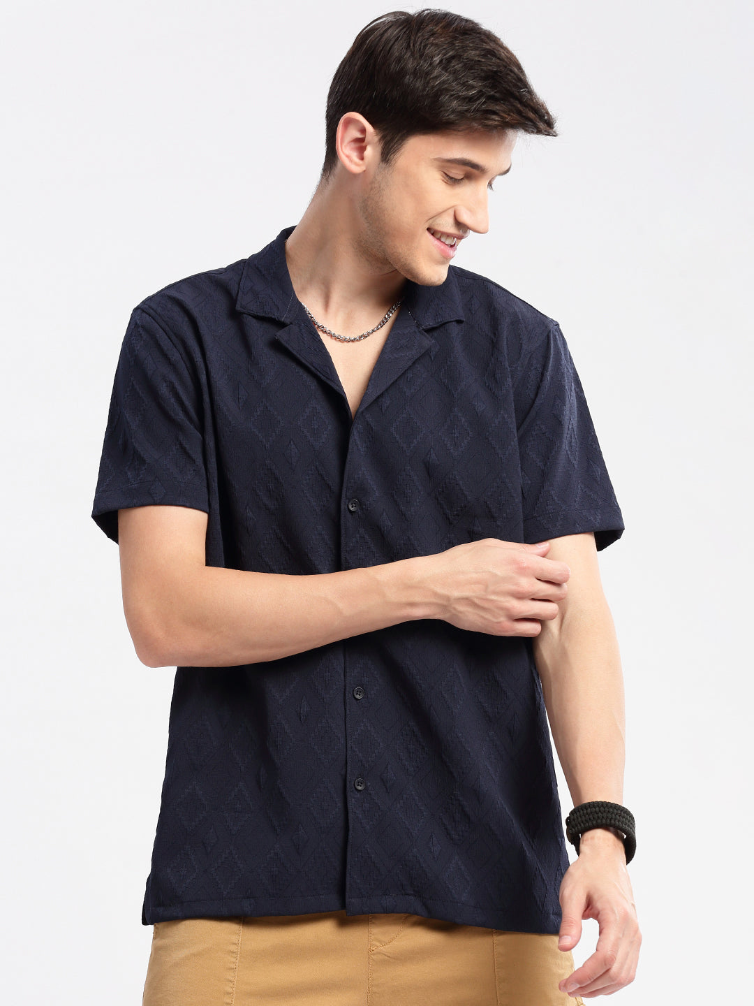 Men Cuban Collar  Solid Navy Blue Casual Shirt