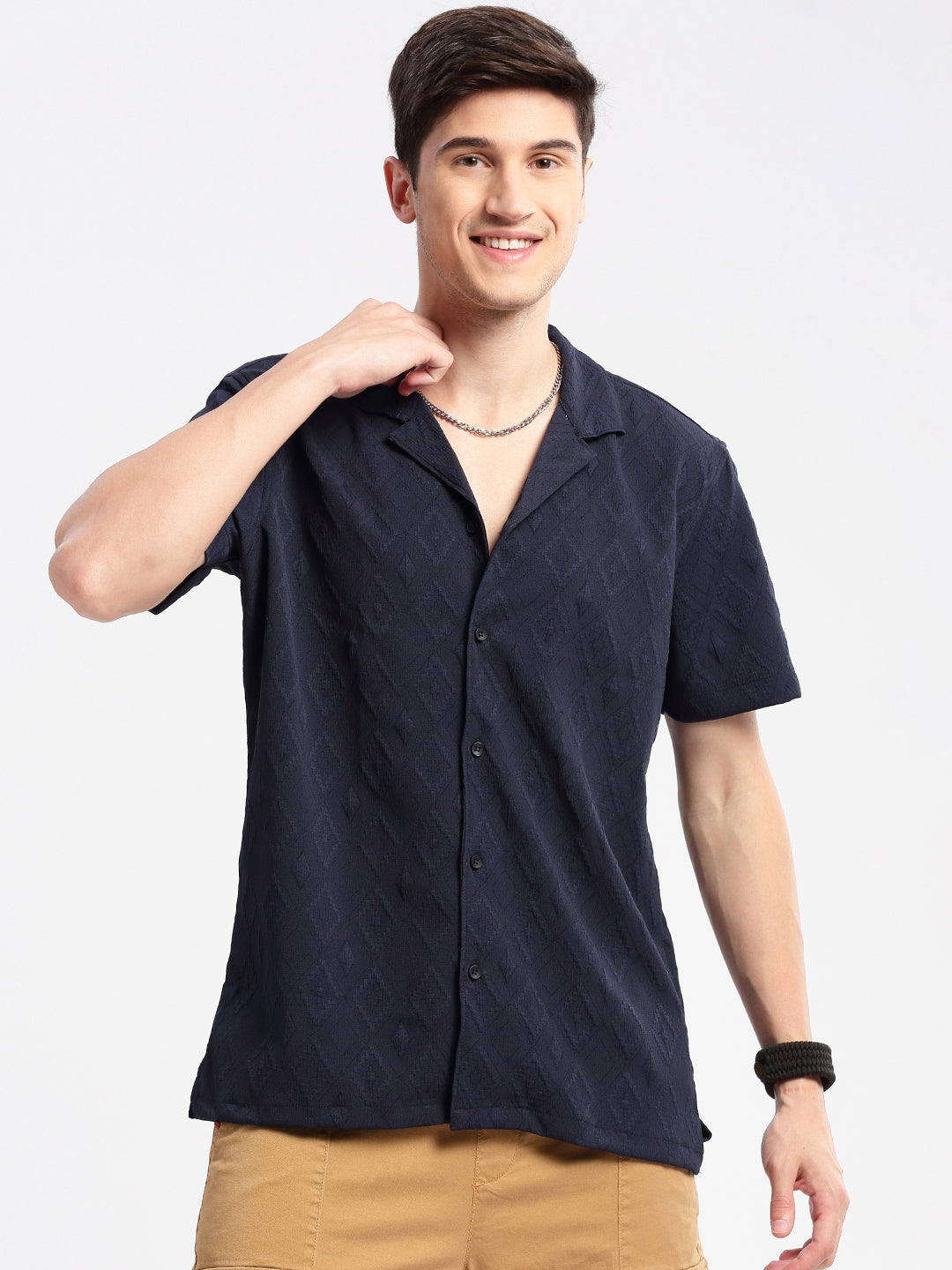 Men Cuban Collar  Solid Navy Blue Casual Shirt