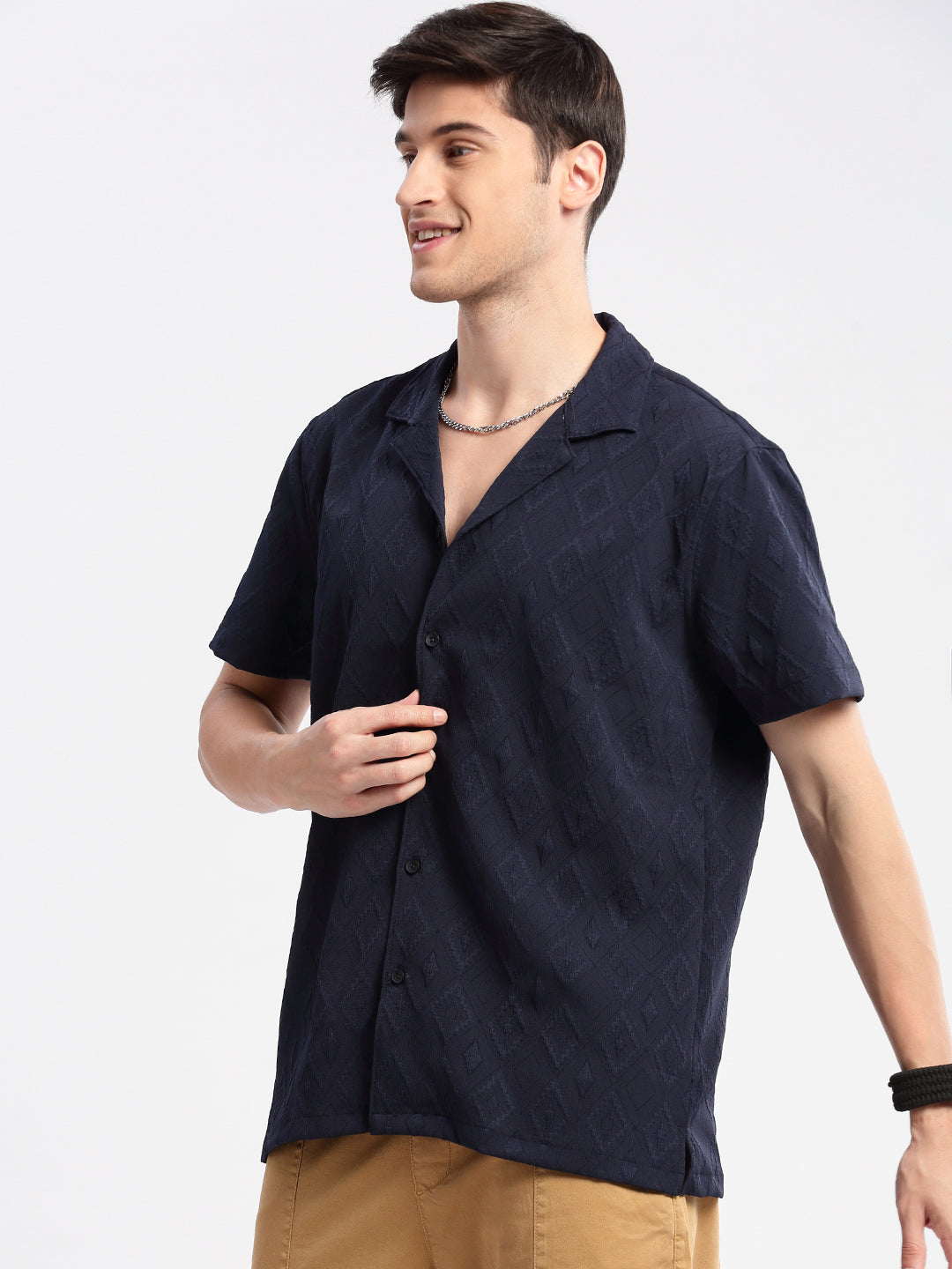 Men Cuban Collar  Solid Navy Blue Casual Shirt