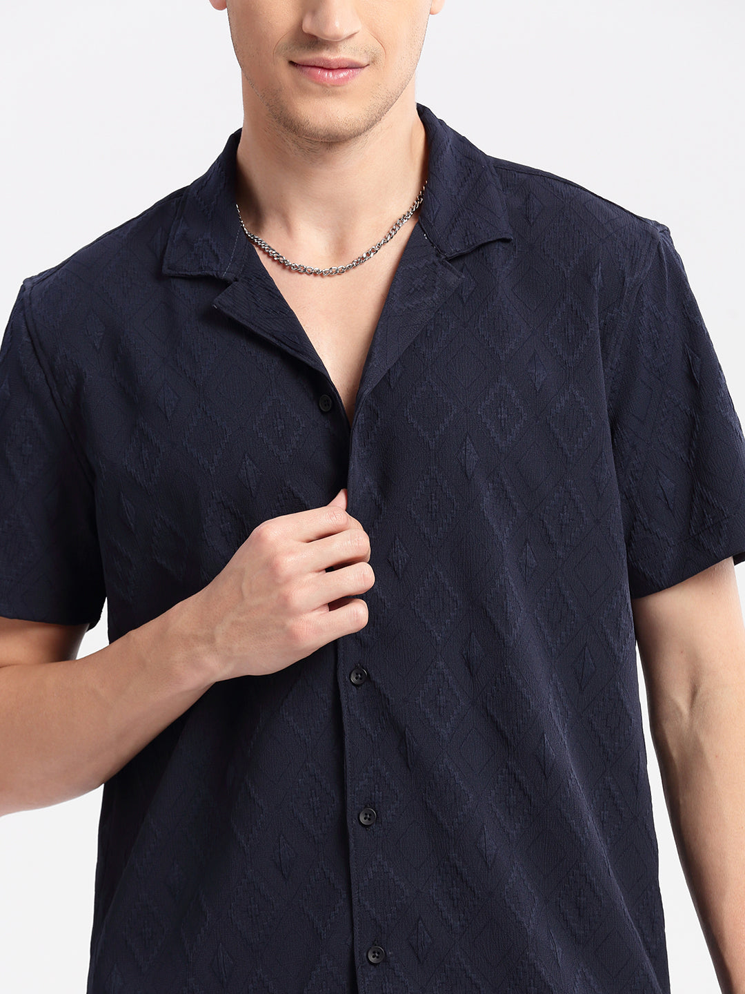 Men Cuban Collar  Solid Navy Blue Casual Shirt