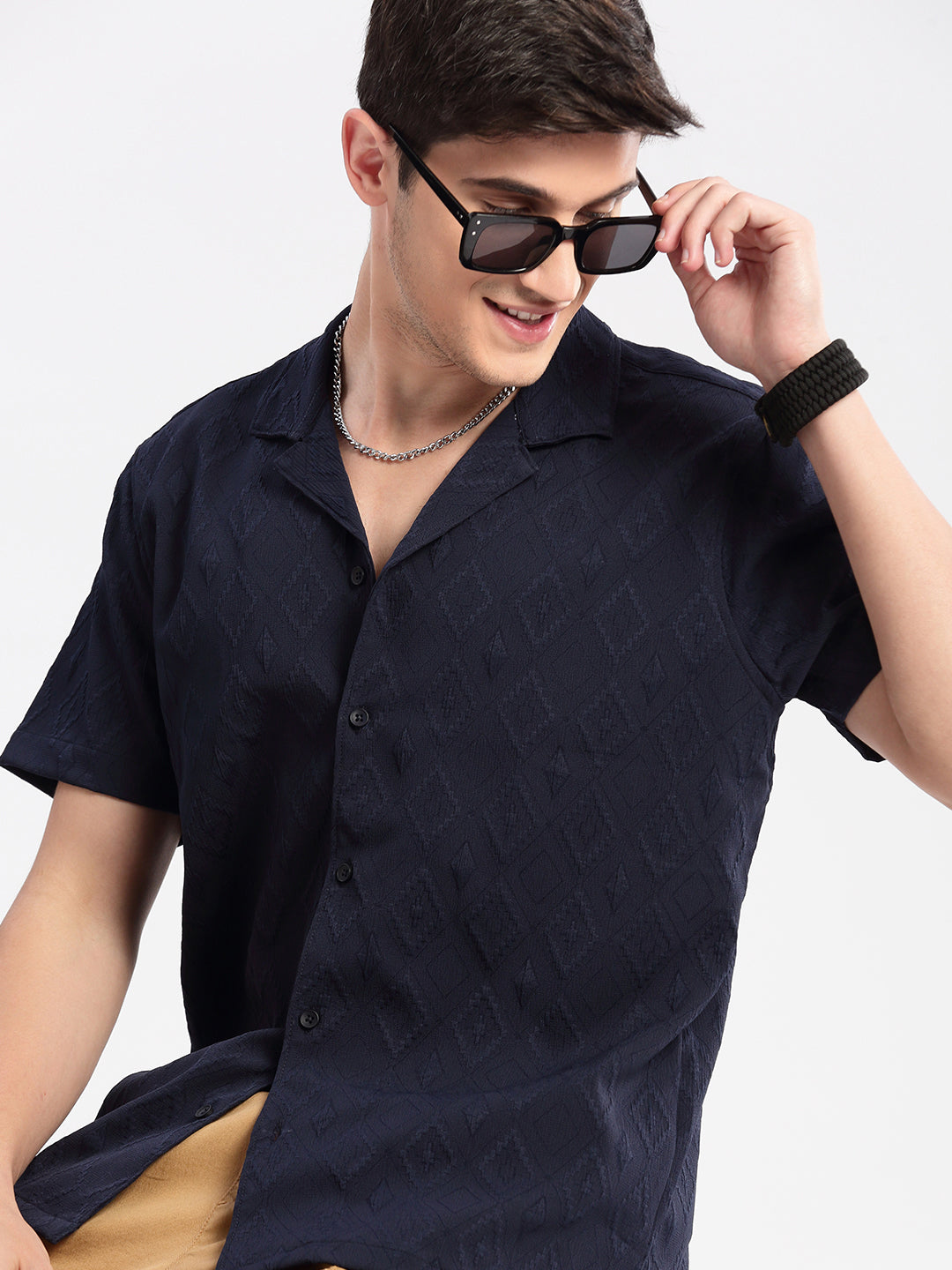 Men Cuban Collar  Solid Navy Blue Casual Shirt