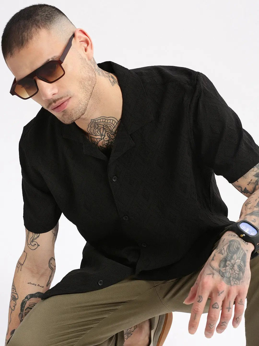 Men's Cuban Collar Solid Black Casual Shirt