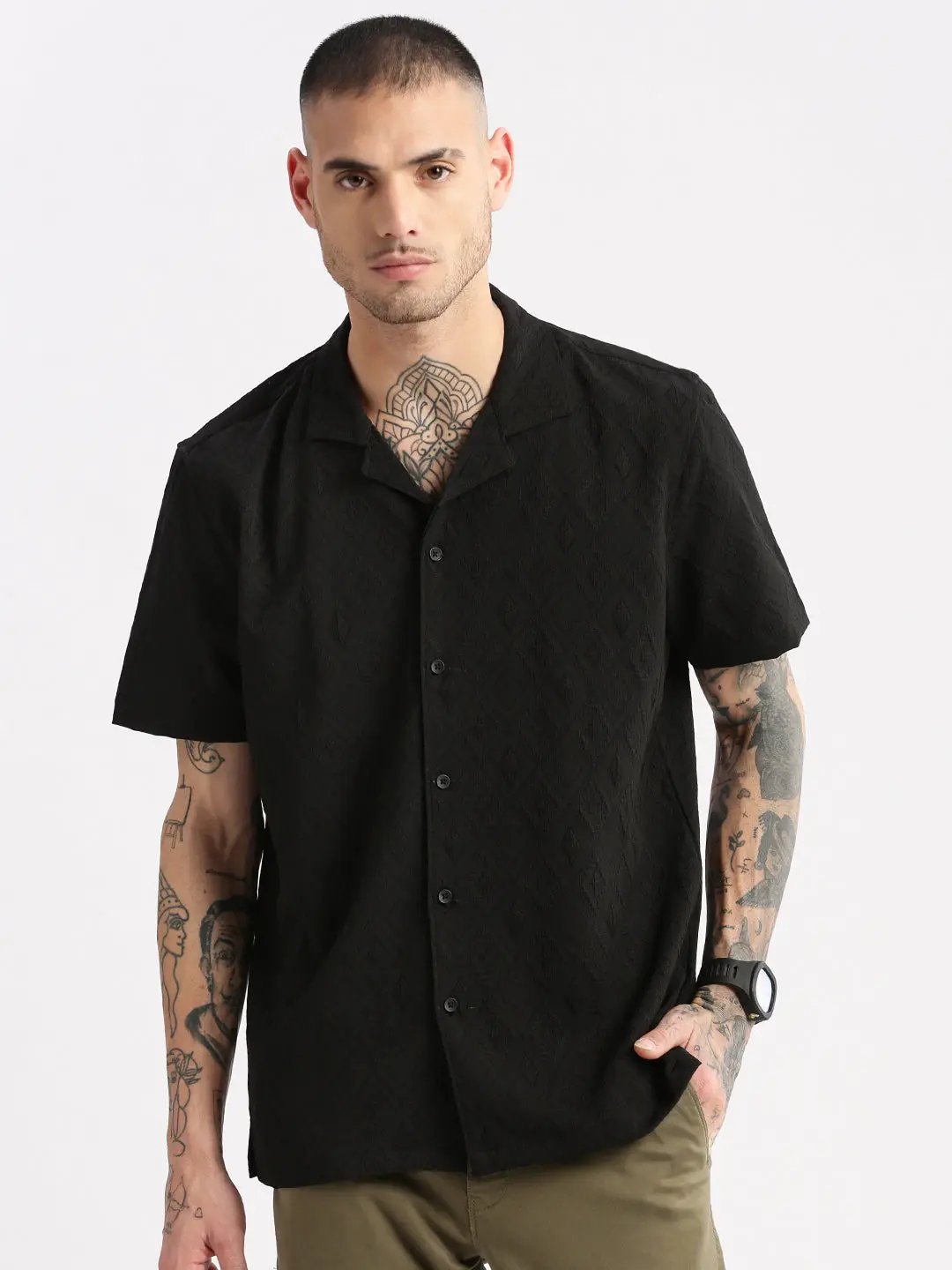 Men's Cuban Collar Solid Black Casual Shirt