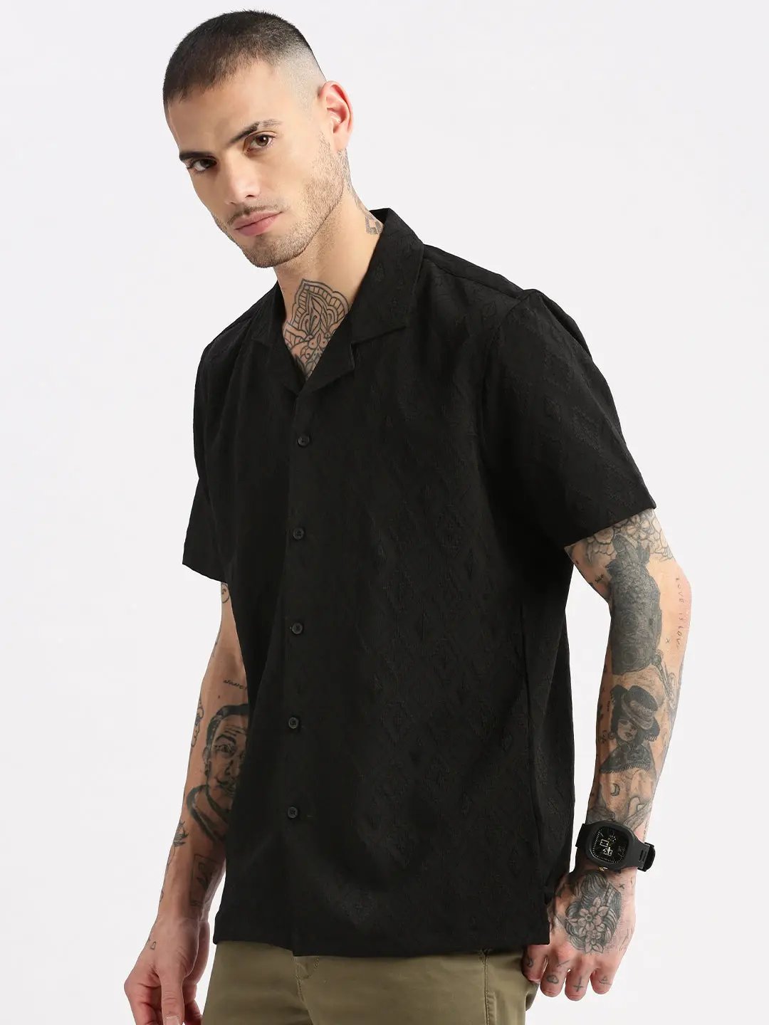 Men's Cuban Collar Solid Black Casual Shirt