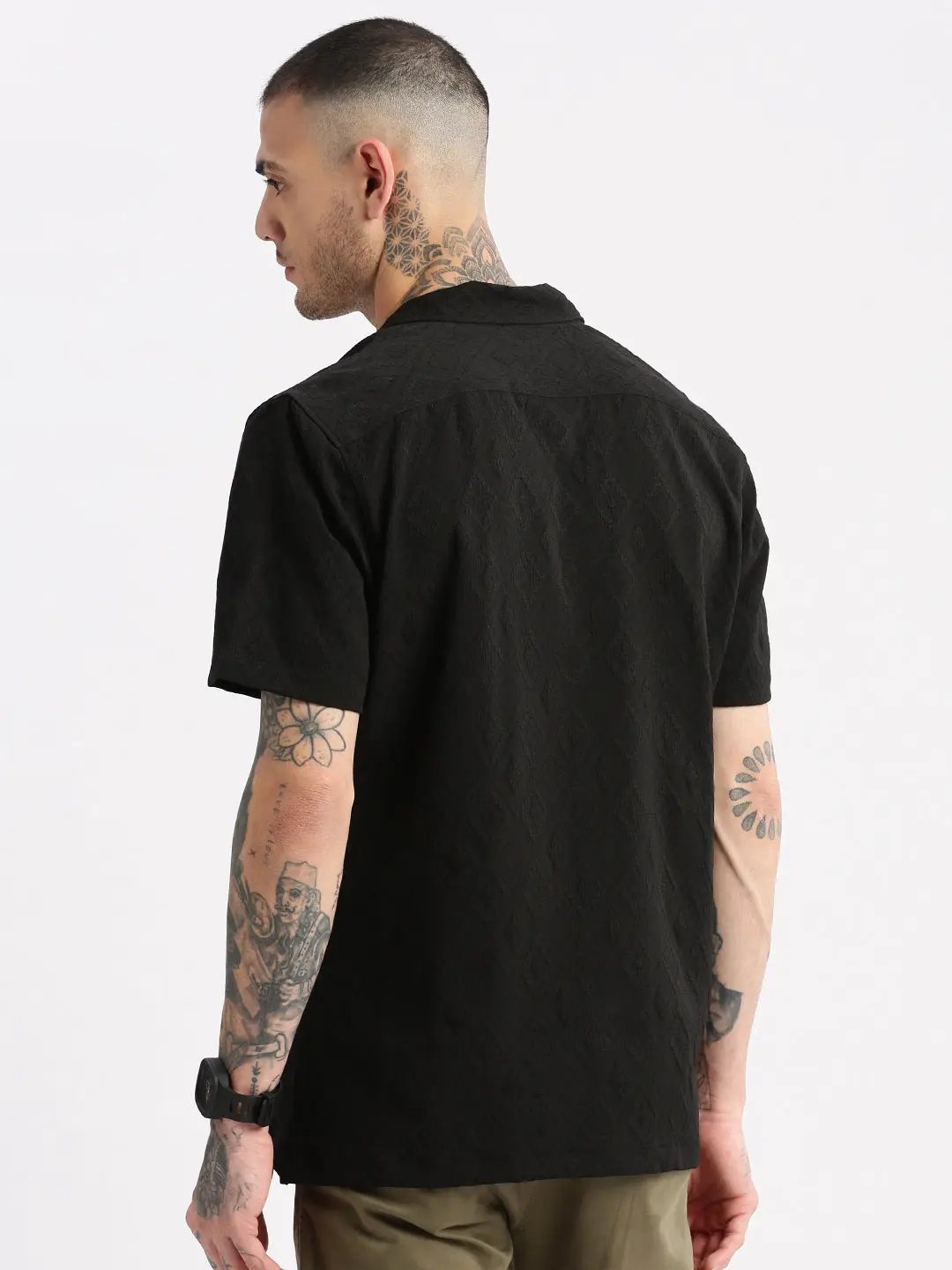Men's Cuban Collar Solid Black Casual Shirt