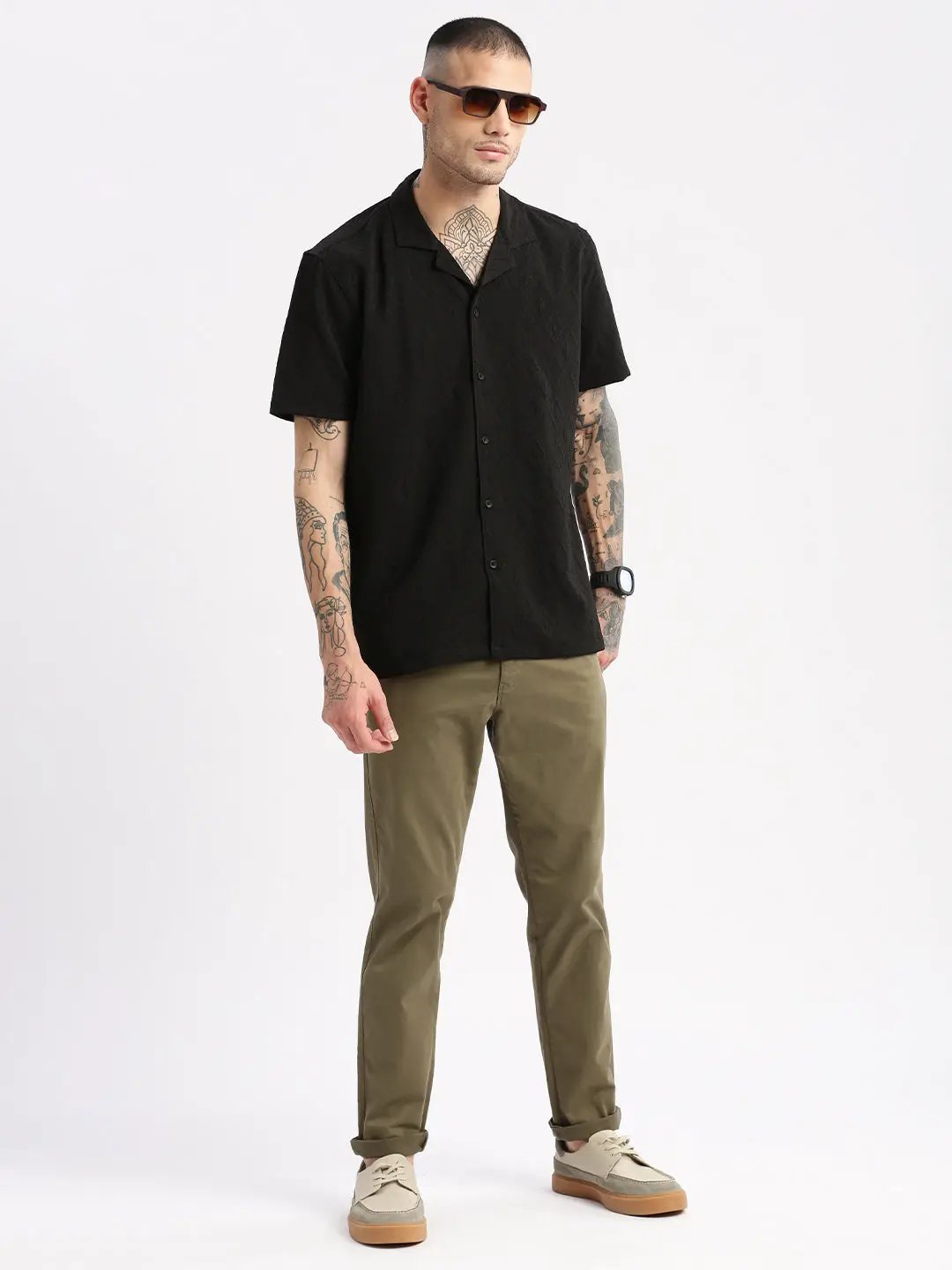 Men's Cuban Collar Solid Black Casual Shirt
