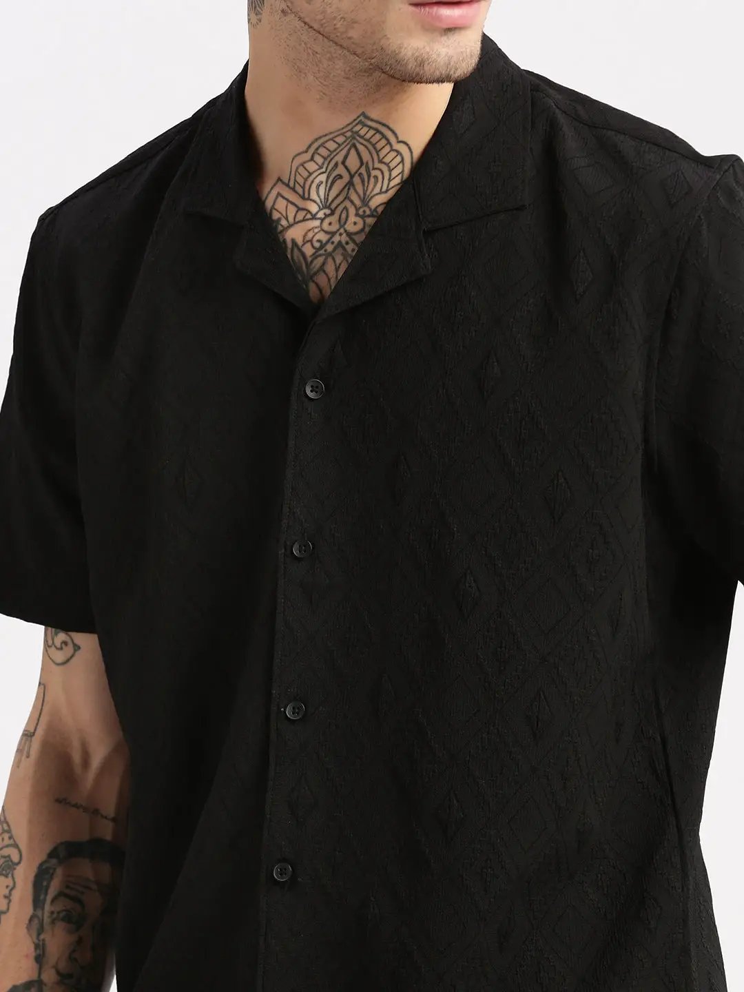 Men's Cuban Collar Solid Black Casual Shirt