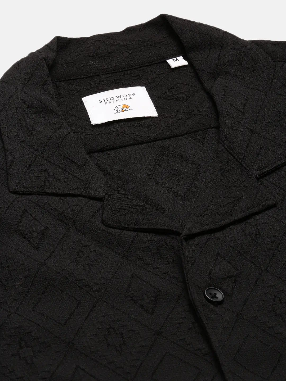 Men's Cuban Collar Solid Black Casual Shirt