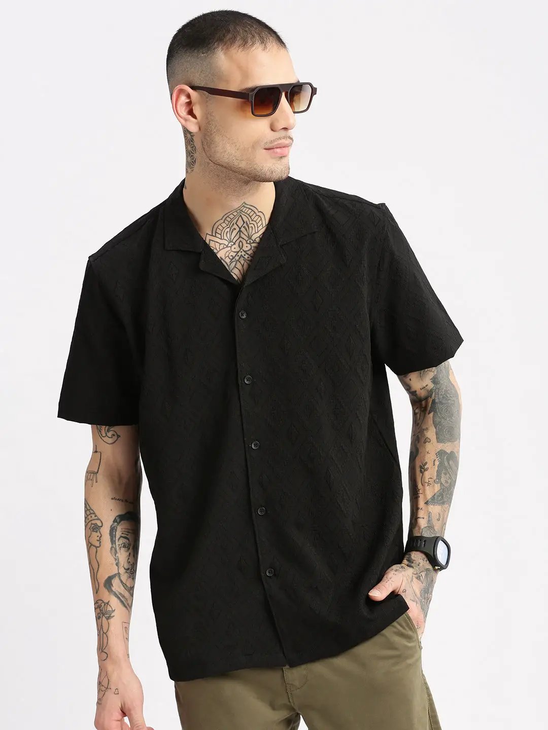 Men's Cuban Collar Solid Black Casual Shirt