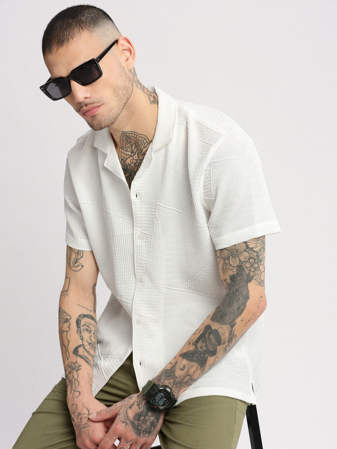 Men Cuban Collar  Solid White Casual Shirt